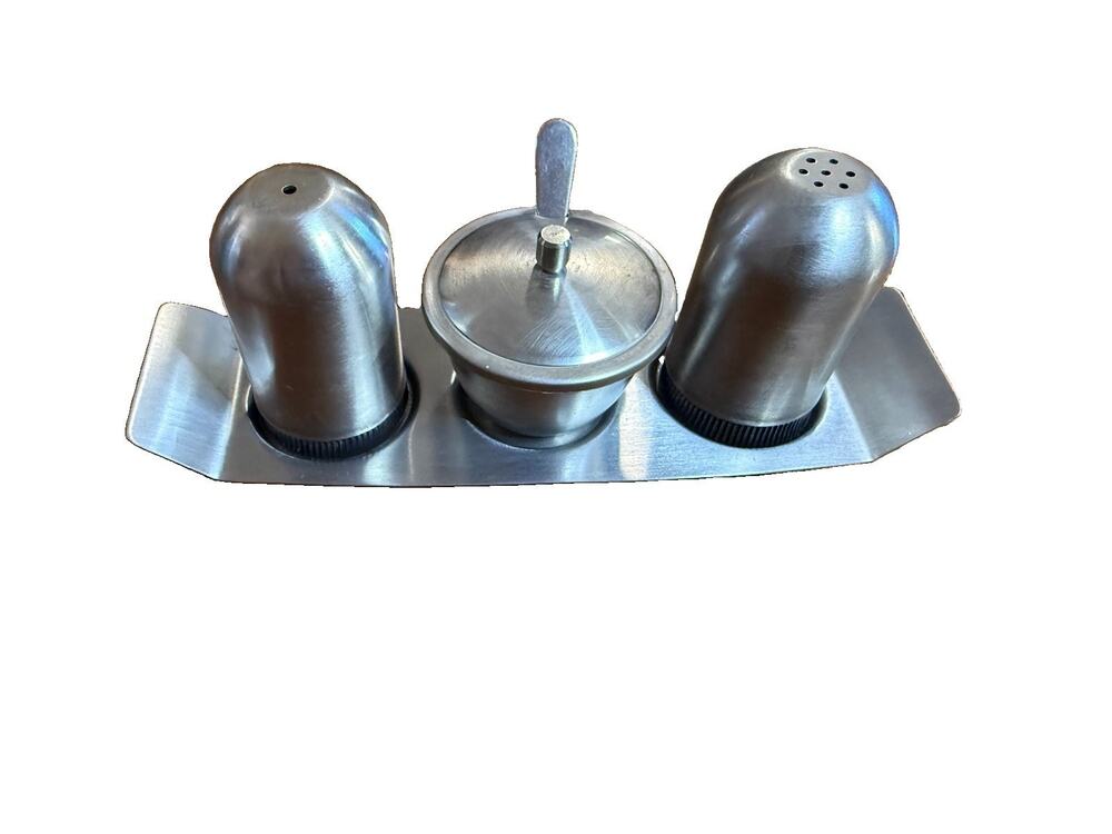 Vintage Stainless Steel Salt Pepper Mustard Set with Tray 18-8 Condiment Caddy